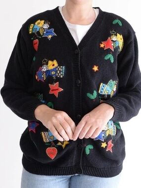 Black Cardigan with Colorful Embroidered Stars & Hearts
